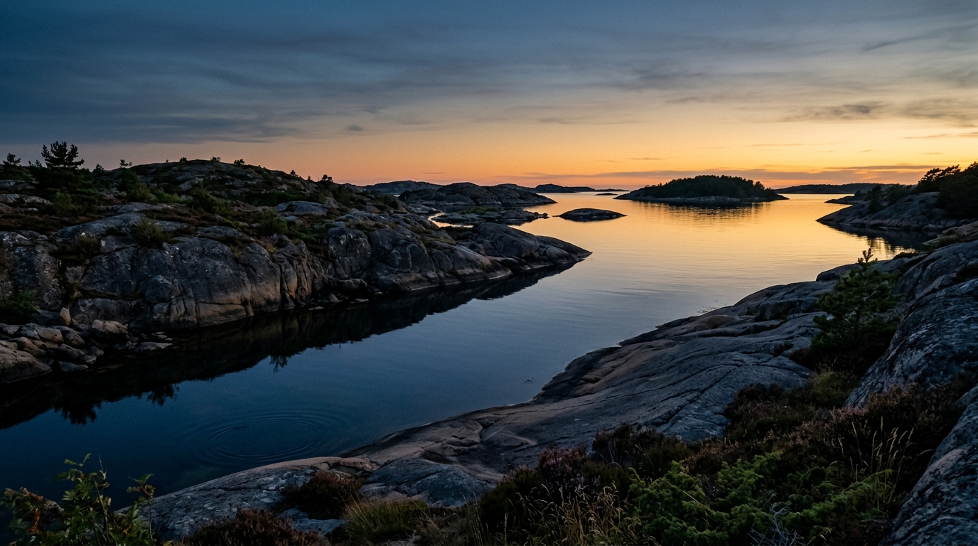 Nordisk kusthorisont i kvällsljus